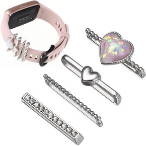 4Pcs Smart Watch Silicone Band Decorative Rings Loops Fastener Rings Rhinestone Charms Heart Shaped Metal Decorative Rings Loops for Smart Watch Band Accessories Charms