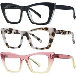 3 Pack Reading Glasses for Women Computer Readers Cat Eye Oversized Anti Blue Light with Spring Hinge