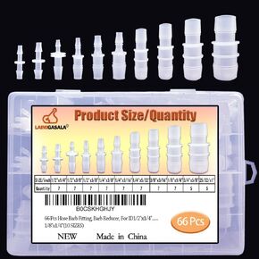 66Pcs Plastic Hose Barb Reducing Fittings Assortment, 10 Sizes of Barbed Reducer Hose Pipe Fitting Connector Adapter Union Splicer Joint for Air Gas Water Liquid Fuel Line Catheter Tube Pump Adapters