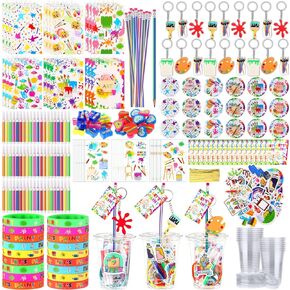 295 Pcs Art Paint Party Favors for Kids Gift Cup Spiral Notepads Keychains Badges Bracelets Bendable Pencils Tattoos Stickers Pencil Sharpener Eraser Party Card Watercolor Pen Stickers Birthday