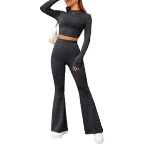 MakeMeChic Women's Casual 2 Piece Outfits Ribbed Knit Long Sleeve Mock Neck Crop Top and Flare Pants Set