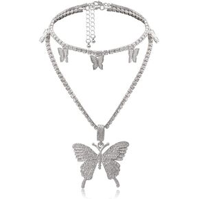 CLOACE كريستال الفراشة المختنق قلادة فضية حجر الراين قلادة القلائد سلسلة التنس سباركلي للنساء والفتيات (فراشة الطبقات (الفضة)) in Kuwait