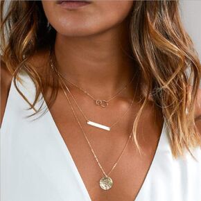 Bohemia Layered Choker Necklace Bar Necklace Gold Silver Coin Necklace Circle Disc Bar Charm Pendant Necklace Boho Jewelry for Women and Girls