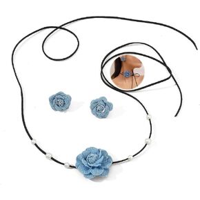 Vintage Denim Flower Choker Necklace with Faux pearl Artificial Floral Rose Collar Neck Chain Beach Wedding Bridal Long Wrap Lether Necklace for Women Girls