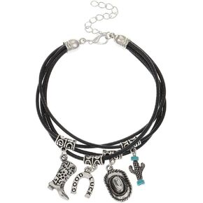 Fuqimanman2020 Western Cowboy Multilayer Leather Bracelet Necklace for Women Girls Boho Cowboy Boot Hat Cactus Pendant Chain Bracelet Jewelry Gift