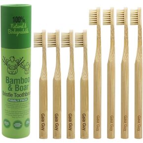Gaia Guy Natural Bristle Bamboo Toothbrush Family Pack (NO Nylon - Boar Hair ONLY) - Totally Compostable & Biodegradable Boar Bristle and Bamboo Toothbrushes - Zero Waste - 4 Kids and 4 Adults