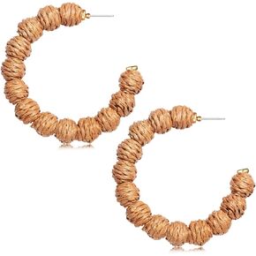 Raffia Earrings Boho Rattan Hoop Earrings for Women Summer Raffia Ball Large Circle Earrings Handmade Straw Wicker Earrings Beach Jewelry