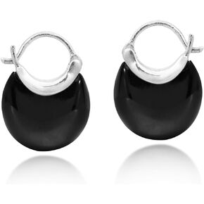 AeraVida Trendy Simulated Black Onyx Disc on .925 Sterling Silver Huggie Hoop Earrings | Black Onyx Disc Earrings | Huggie Hoop Earrings for Women | Sterling Silver Hoop Earrings