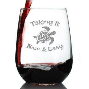 Taking It Nice & Easy - Sea Turtle Stemless Wine Glass - Large Glassware - Unique Funny Etched Turtles Gift Glasses