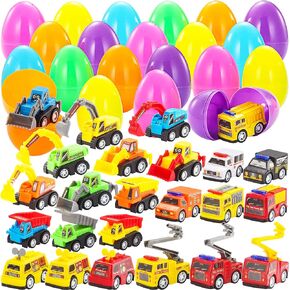 JOYIN 24 Pcs Filled Easter Eggs with Pull Back Construction Cars, Prefilled Easter Egg with Vehicle for Kid Boys, Basket Stuffers/Fillers, Party Favor, Classroom Prize Supplies