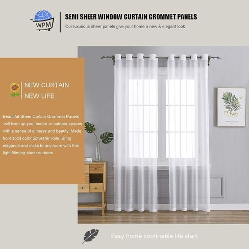WPM White Sheer Window Curtain Panels for Bedroom, Kitchen, Kids Room- Solid Semi Voile Drapes Grommet Living Room Panels. Set of 2 (White, 54W X 84L) in Saudi Arabia