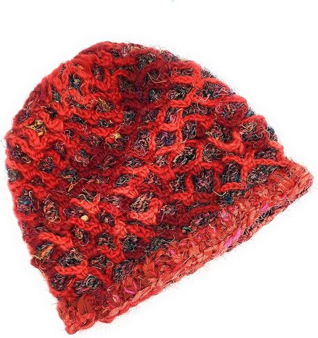 Hand Knit Wool & Recycled Silk Warm Beanie Diamond Chain Detail Fleece Lined Made in Nepal in Saudi Arabia