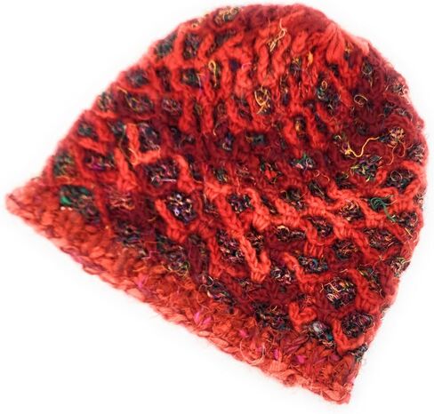 Hand Knit Wool & Recycled Silk Warm Beanie Diamond Chain Detail Fleece Lined Made in Nepal in Saudi Arabia