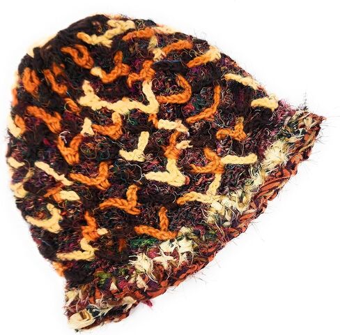 Hand Knit Wool & Recycled Silk Warm Beanie Diamond Chain Detail Fleece Lined Made in Nepal in Saudi Arabia
