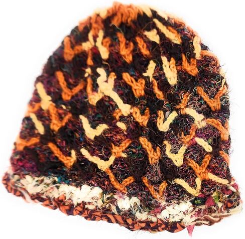 Hand Knit Wool & Recycled Silk Warm Beanie Diamond Chain Detail Fleece Lined Made in Nepal in Saudi Arabia