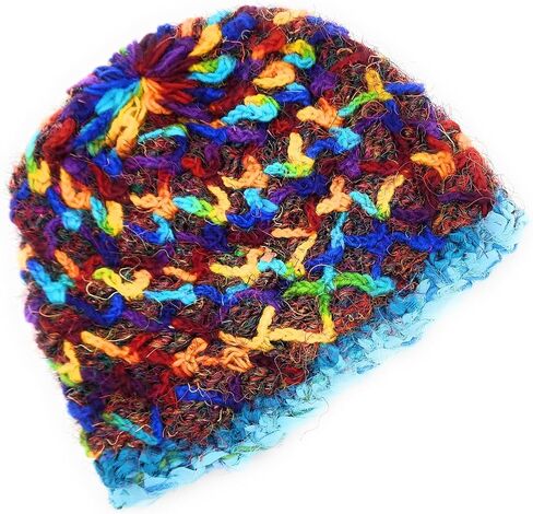 Hand Knit Wool & Recycled Silk Warm Beanie Diamond Chain Detail Fleece Lined Made in Nepal in Saudi Arabia