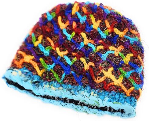 Hand Knit Wool & Recycled Silk Warm Beanie Diamond Chain Detail Fleece Lined Made in Nepal in Saudi Arabia