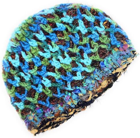 Hand Knit Wool & Recycled Silk Warm Beanie Diamond Chain Detail Fleece Lined Made in Nepal in Saudi Arabia