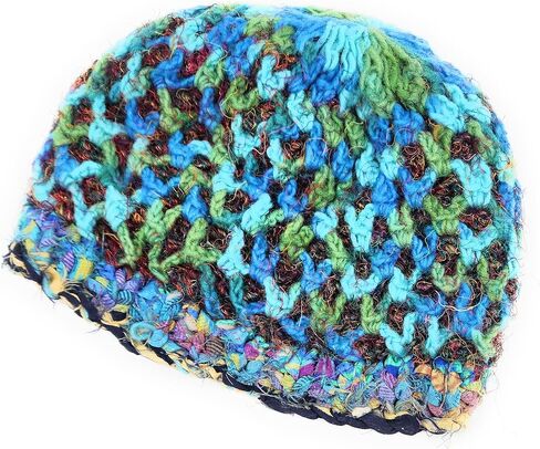 Hand Knit Wool & Recycled Silk Warm Beanie Diamond Chain Detail Fleece Lined Made in Nepal in Saudi Arabia