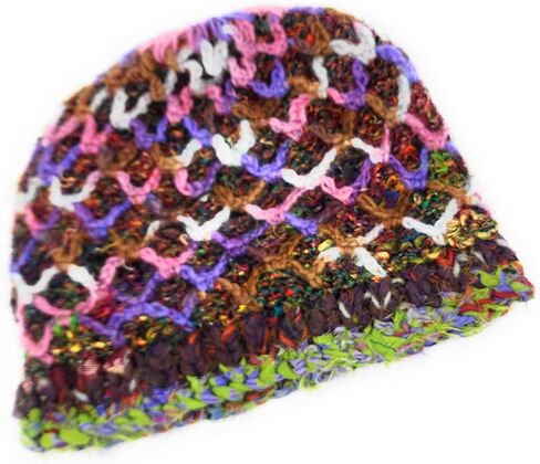 Hand Knit Wool & Recycled Silk Warm Beanie Diamond Chain Detail Fleece Lined Made in Nepal in Saudi Arabia