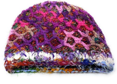 Hand Knit Wool & Recycled Silk Warm Beanie Diamond Chain Detail Fleece Lined Made in Nepal in Saudi Arabia