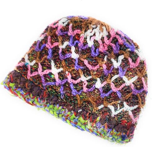 Hand Knit Wool & Recycled Silk Warm Beanie Diamond Chain Detail Fleece Lined Made in Nepal in Saudi Arabia