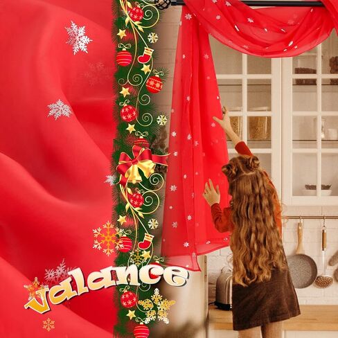 bgment الأحمر عيد الميلاد وشاح الستائر لغرفة المعيشة 144 بوصة طول، نافذة شفافة وشاح الستارة زينة عيد الميلاد في الأماكن المغلقة مع طباعة الفضة الثلوج، 1 لوحة، كل لوحة 52 بوصة واسعة in Kuwait