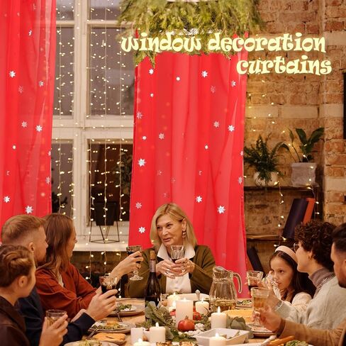 bgment الأحمر عيد الميلاد وشاح الستائر لغرفة المعيشة 144 بوصة طول، نافذة شفافة وشاح الستارة زينة عيد الميلاد في الأماكن المغلقة مع طباعة الفضة الثلوج، 1 لوحة، كل لوحة 52 بوصة واسعة in Kuwait