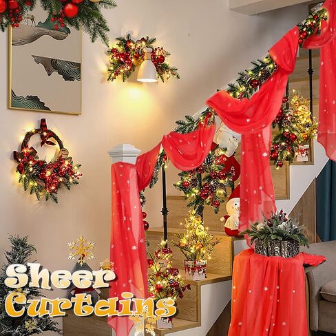 bgment الأحمر عيد الميلاد وشاح الستائر لغرفة المعيشة 144 بوصة طول، نافذة شفافة وشاح الستارة زينة عيد الميلاد في الأماكن المغلقة مع طباعة الفضة الثلوج، 1 لوحة، كل لوحة 52 بوصة واسعة in Kuwait