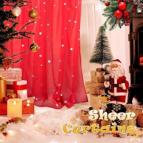 bgment الأحمر عيد الميلاد وشاح الستائر لغرفة المعيشة 144 بوصة طول، نافذة شفافة وشاح الستارة زينة عيد الميلاد في الأماكن المغلقة مع طباعة الفضة الثلوج، 1 لوحة، كل لوحة 52 بوصة واسعة in Kuwait