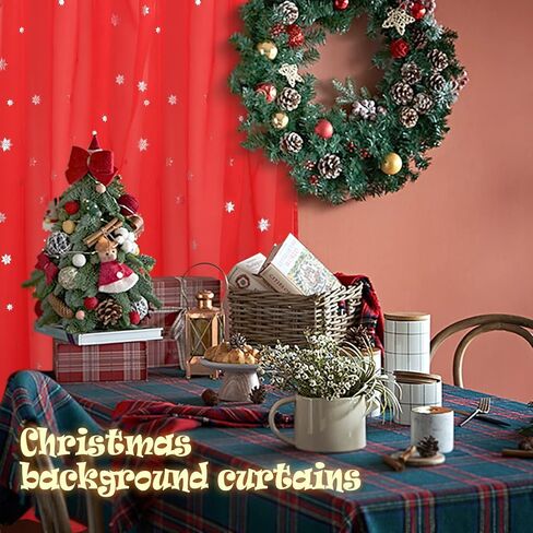 bgment الأحمر عيد الميلاد وشاح الستائر لغرفة المعيشة 144 بوصة طول، نافذة شفافة وشاح الستارة زينة عيد الميلاد في الأماكن المغلقة مع طباعة الفضة الثلوج، 1 لوحة، كل لوحة 52 بوصة واسعة in Kuwait