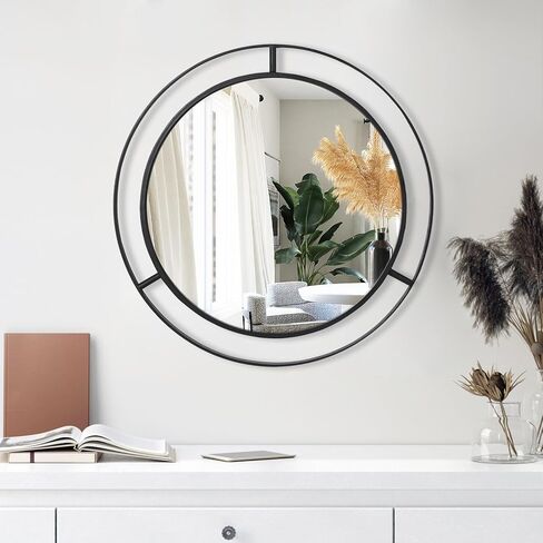 RiteSune Black Round Mirror 24", Wall Mirror Circle Mirrors for Wall Decor, Hanging Entryway Mirror for Bathroom Living Room in Kuwait