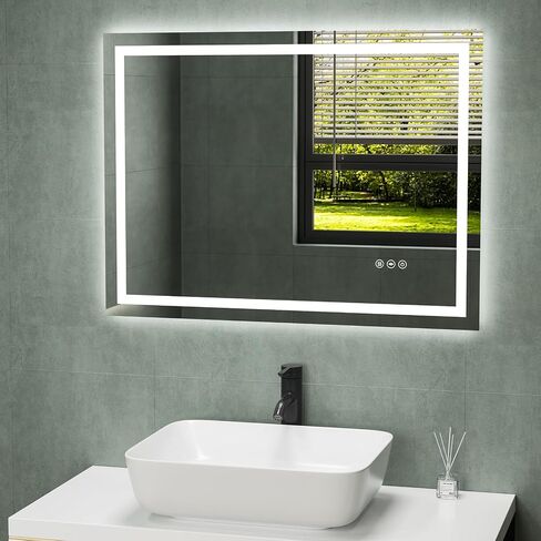 Led Bathroom Mirror 24"x 32" Wall-Mounted Vanity Smart Mirror with Front and Backlight,Anti Fog,Dimmable Waterproof Smart Touch Button Makeup Mirror with Lights Vertical & Horizontal in Saudi Arabia