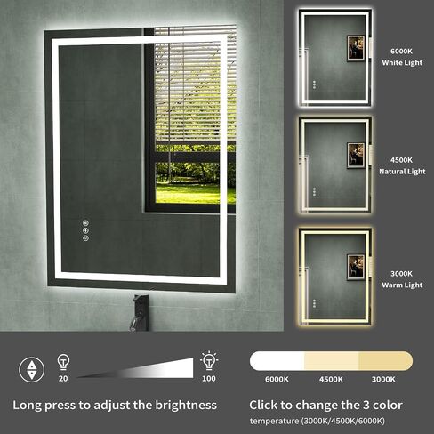 Led Bathroom Mirror 24"x 32" Wall-Mounted Vanity Smart Mirror with Front and Backlight,Anti Fog,Dimmable Waterproof Smart Touch Button Makeup Mirror with Lights Vertical & Horizontal in Saudi Arabia