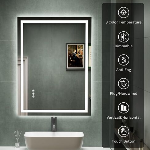 Led Bathroom Mirror 24"x 32" Wall-Mounted Vanity Smart Mirror with Front and Backlight,Anti Fog,Dimmable Waterproof Smart Touch Button Makeup Mirror with Lights Vertical & Horizontal in Saudi Arabia