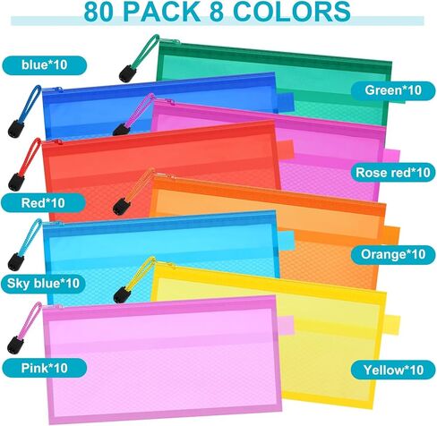 80 قطعة من البلاستيك المقاوم للماء بطبقة مزدوجة بسحاب مقاس 9 × 4-1/2 بوصة، أكياس ملفات الفاتورة، حقيبة فاتورة، حقيبة تخزين أقلام الرصاص، حقيبة مستحضرات تجميل متعددة الأغراض، حقيبة أدوات الزينة للسفر والمدرسة، 8 ألوان in Kuwait