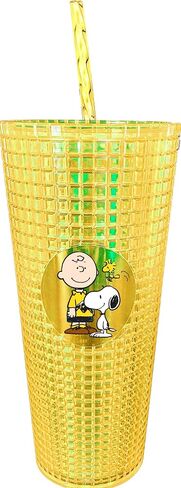 Spoontiques - Diamond Tumbler - Textured Cup with Straw - Double Wall Insulated and BPA Free - Charlie Brown & Snoopy - Yellow - 20 oz in Saudi Arabia