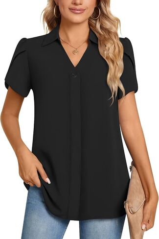 Aodemo Women's 2024 Summer Dressy Collared V Neck Chiffon Blouse Business Tunic Petal Short Sleeve Shirt Office Work Tops in Saudi Arabia