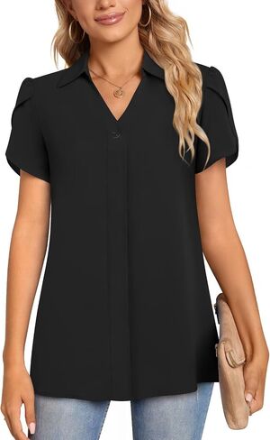 Aodemo Women's 2024 Summer Dressy Collared V Neck Chiffon Blouse Business Tunic Petal Short Sleeve Shirt Office Work Tops in Saudi Arabia