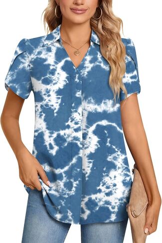 Aodemo Women's 2024 Summer Dressy Collared V Neck Chiffon Blouse Business Tunic Petal Short Sleeve Shirt Office Work Tops in Saudi Arabia