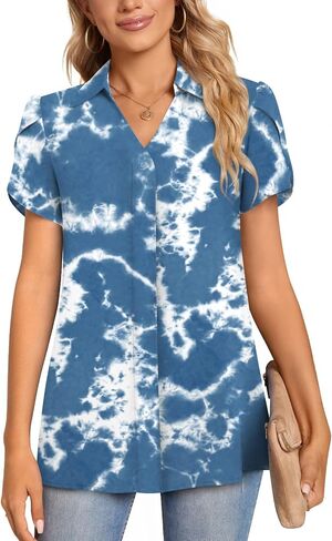 Aodemo Women's 2024 Summer Dressy Collared V Neck Chiffon Blouse Business Tunic Petal Short Sleeve Shirt Office Work Tops in Saudi Arabia