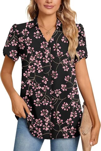 Aodemo Women's 2024 Summer Dressy Collared V Neck Chiffon Blouse Business Tunic Petal Short Sleeve Shirt Office Work Tops in Saudi Arabia