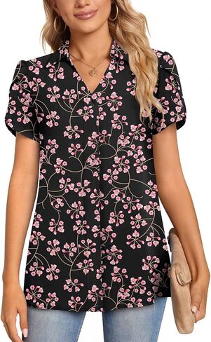 Aodemo Women's 2024 Summer Dressy Collared V Neck Chiffon Blouse Business Tunic Petal Short Sleeve Shirt Office Work Tops in Saudi Arabia