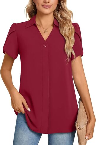 Aodemo Women's 2024 Summer Dressy Collared V Neck Chiffon Blouse Business Tunic Petal Short Sleeve Shirt Office Work Tops in Saudi Arabia