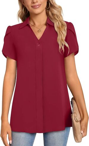 Aodemo Women's 2024 Summer Dressy Collared V Neck Chiffon Blouse Business Tunic Petal Short Sleeve Shirt Office Work Tops in Saudi Arabia