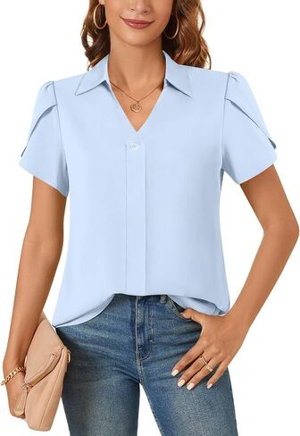 Aodemo Women's 2024 Summer Dressy Collared V Neck Chiffon Blouse Business Tunic Petal Short Sleeve Shirt Office Work Tops in Saudi Arabia