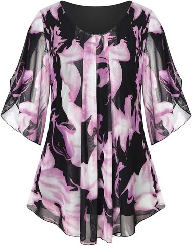 Womens Floral Ruffle 3/4 Sleeve Mesh Blouse Casual V Neck Shirts Pleated Loose Fit Flowy Tunic Tops Dressy in Kuwait