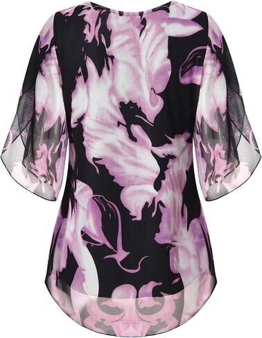 Womens Floral Ruffle 3/4 Sleeve Mesh Blouse Casual V Neck Shirts Pleated Loose Fit Flowy Tunic Tops Dressy in Kuwait