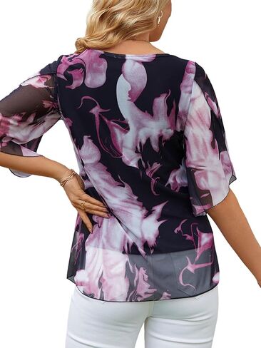 Womens Floral Ruffle 3/4 Sleeve Mesh Blouse Casual V Neck Shirts Pleated Loose Fit Flowy Tunic Tops Dressy in Kuwait
