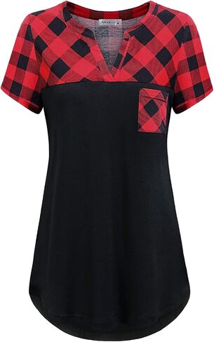 MOQIVGI Womens Short Sleeve Vneck Hi Low Hem Patchwork Tops with Pocket in Saudi Arabia